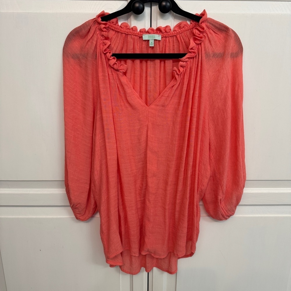 Coral Ruffle V-Neck Blouse. Lightweight and semi-sheer. Size M